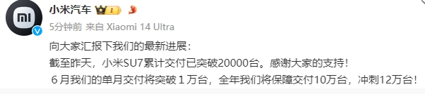 小米汽車宣布SU7累計交付突破2萬台 全年交付沖刺12萬